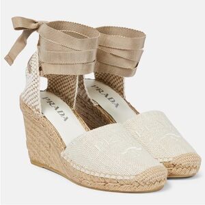 New Prada Linen Espadrille Wedge Sandals 37